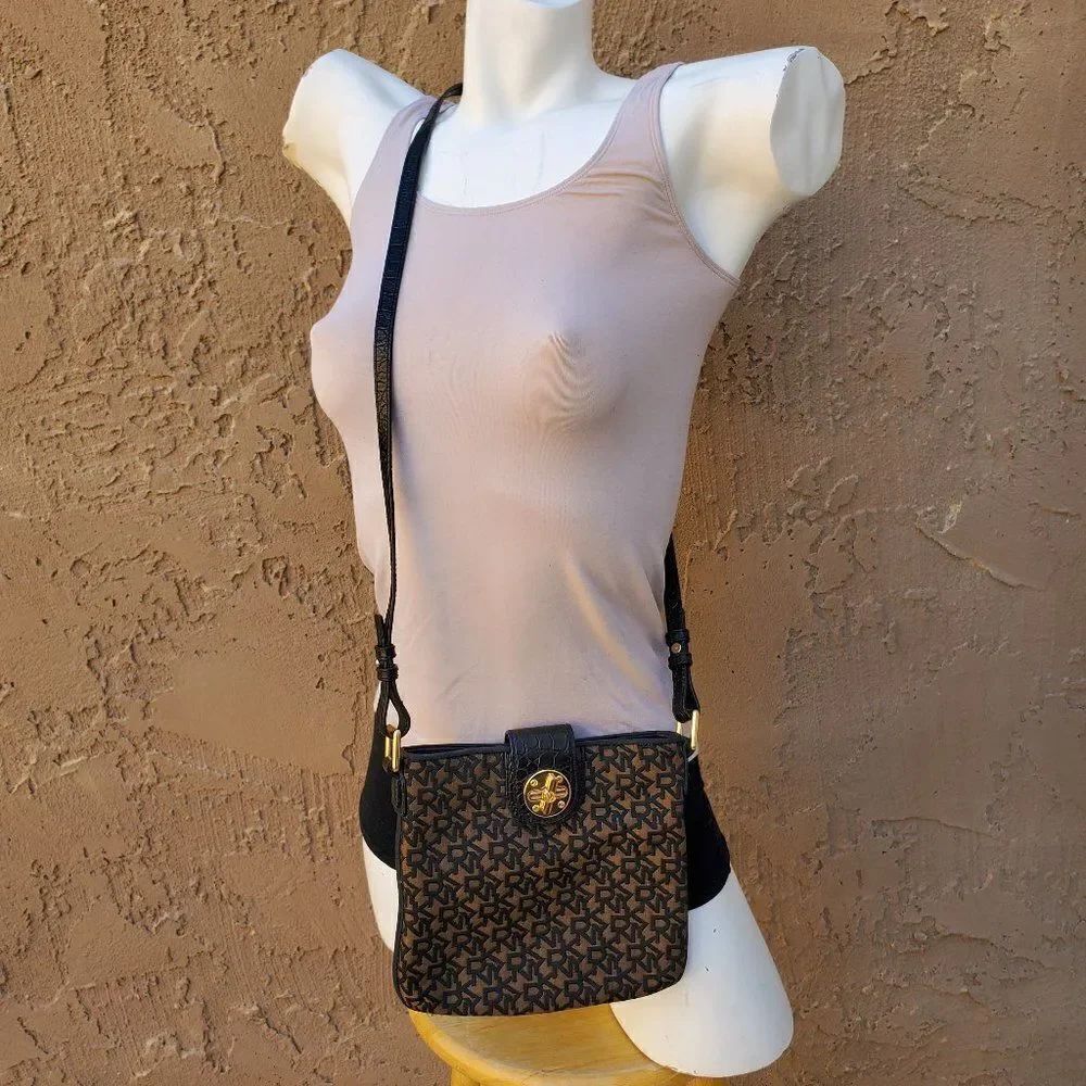 DKNY Black and Brown Canvas Crossbody Bag